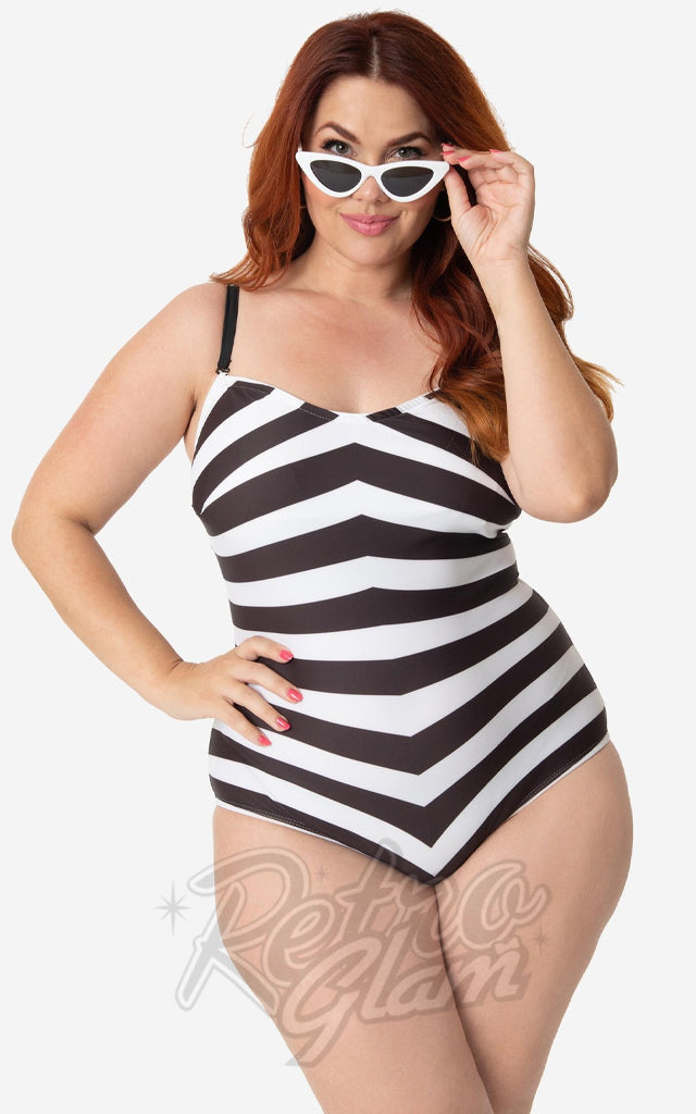 Unique Vintage X Barbie Black & White Chevron Stripe Swimsuit
