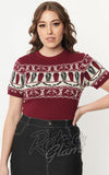 Unique Vintage Short Sleeve Sweater in Burgundy Coffins & Cats Fair Isle 
