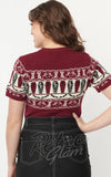 Unique Vintage Short Sleeve Sweater in Burgundy Coffins & Cats Fair Isle back