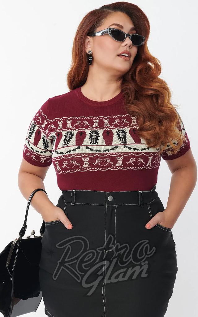 Unique Vintage Sweater in Burgundy Coffins & Cats Fair Isle-M left only