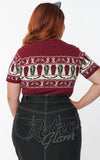 Unique Vintage Short Sleeve Sweater in Burgundy Coffins & Cats Fair Isle plus sized back