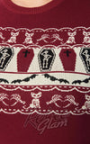 Unique Vintage Short Sleeve Sweater in Burgundy Coffins & Cats Fair Isle plus sized detail