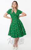 Unique Vintage Short Sleeve Delores Green Swing Dress in Butterfly Print pnup