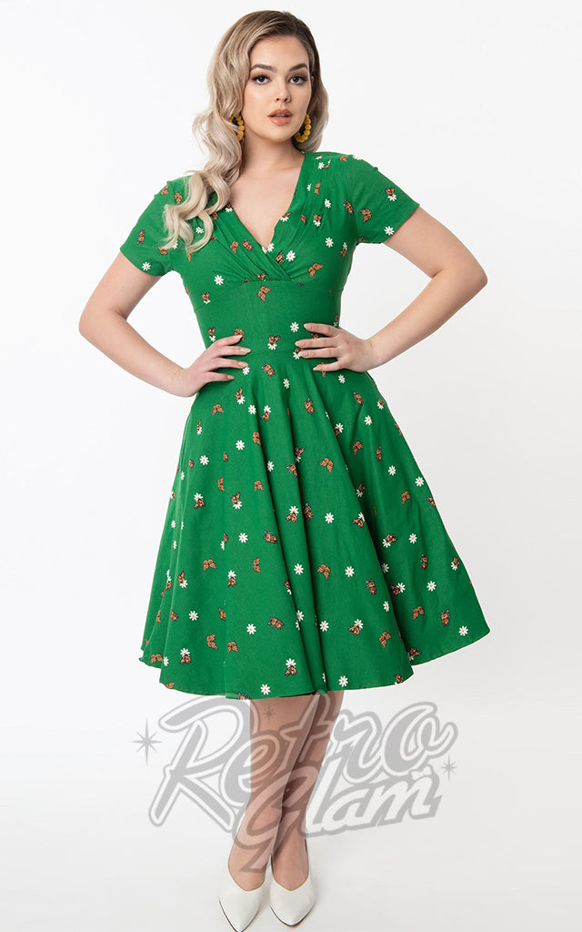 Unique Vintage Short Sleeve Delores Green Swing Dress in Butterfly Print - S left only