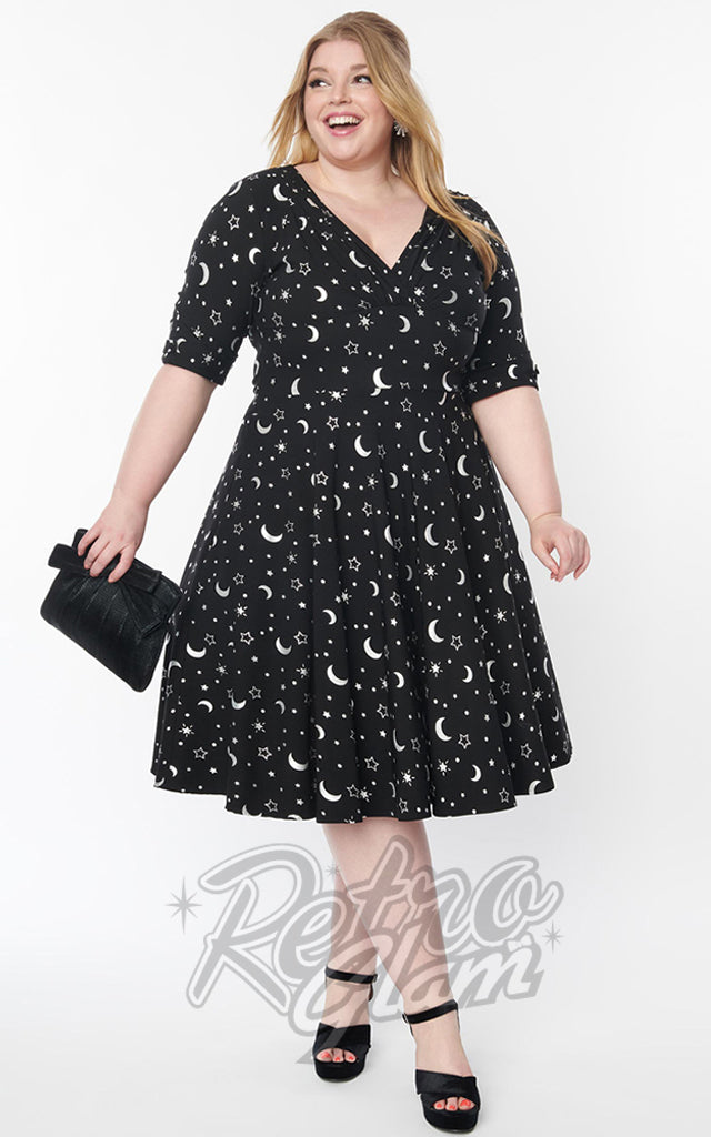 Unique Vintage Delores Swing Dress in Silver Galaxy Print - S & M left only