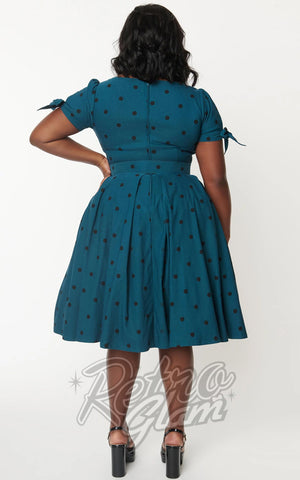 Unique Vintage Doreen Swing Dress in Teal & Black Polka Dot plus size back