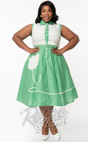 Unique Vintage Bethany Swing Dress in Green & White Dots plus size