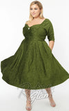 Unique Vintage Lamar Swing Dress in Green Velvet plus sized swing