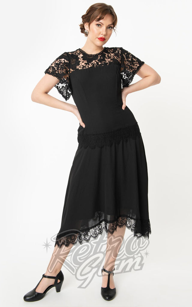Unique Vintage Marmande Lace Flapper Dress in Black - S left only