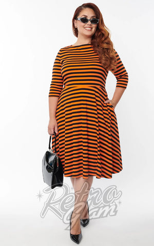 Unique Vintage Nicole Black & Orange Striped Swing Dress plus sized