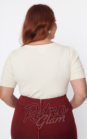 Unique Vintage Ivory Sweater with Floral Embroidery curvy back