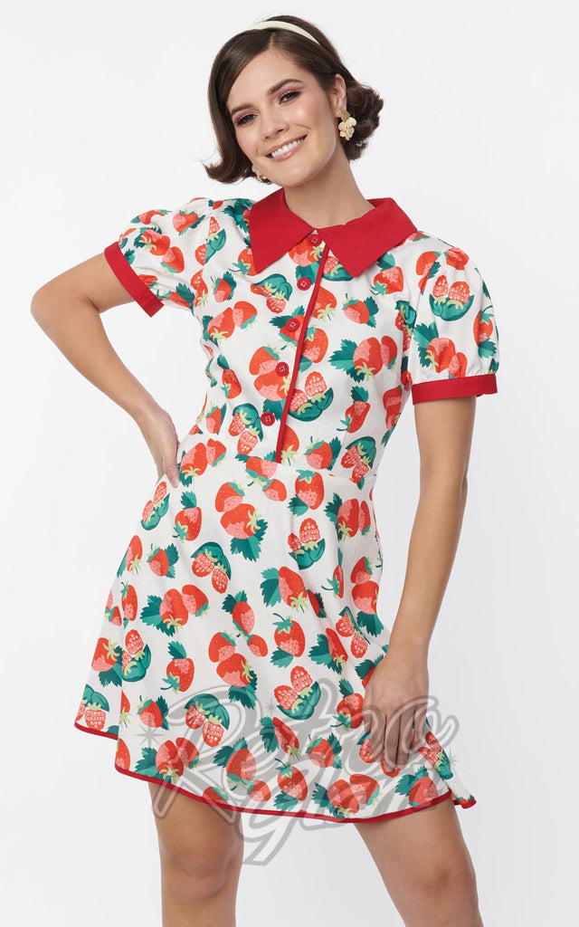 Smak Parlour White Fit & Flare Dress in Strawberry Print - 1XL & 2XL left only