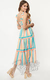 Unique Vintage Rainbow Stripe Tiered Midi Dress back