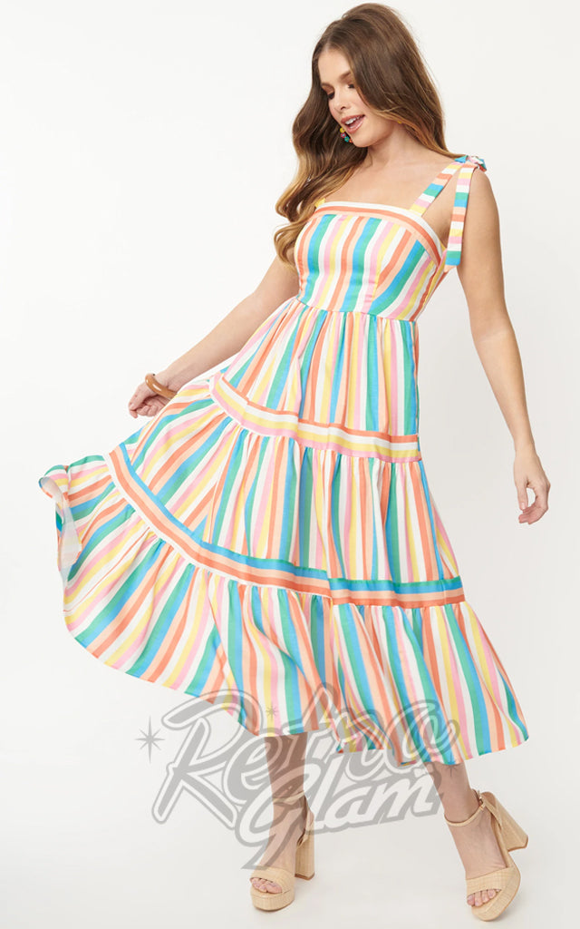 Unique Vintage Rainbow Stripe Tiered Midi Dress - S & 2XL left