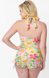 Unique Vintage 1970s Multicolor Floral Romper Swimsuit back