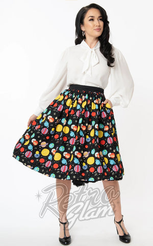 Unique Vintage Swing Skirt in Multicolor Planets Print