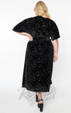 Unique Vintage Black Velvet Star Print Wrap Midi Dress plus sized