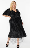 Unique Vintage Black Velvet Star Print Wrap Midi Dress plus size