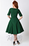 Unique Vintage 1950s Style Emerald Green Delores Swing Dress back