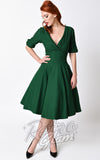 Unique Vintage 1950s Style Emerald Green Delores Swing Dress front