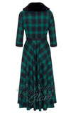 Voodoo Vixen green plaid Lola flare Dress with 3/4 sleeves, removable fur collar, and belted waist back