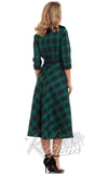 Voodoo Vixen green plaid Lola flare Dress with 3/4 sleeves, removable fur collar, and belted waist back on model