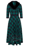 Voodoo Vixen green plaid Lola flare Dress with 3/4 sleeves, removable fur collar, and belted waist front